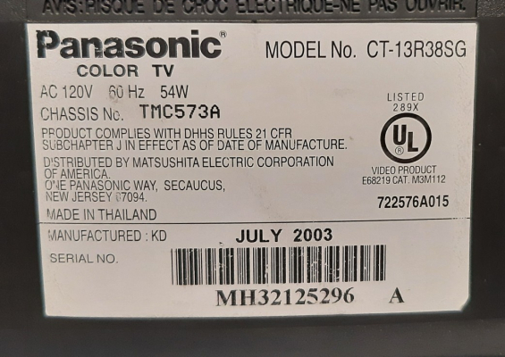 Click to view image in new tab Panasonic CT-13R38SG